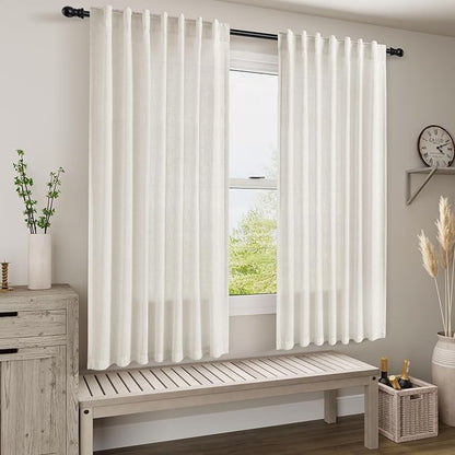 Neutral Semi Sheer Cream Linen Curtains 64 Inch Length 2 Panel Set Soft Airy Farmhouse Back Tab Rod Pocket Curtains for Bedroom Light Filtering Privacy Window Drapes for Living Room 52x64 Inches