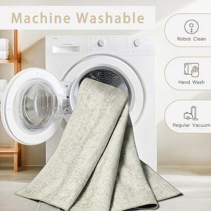 Washable Rugs 9x12 Area Rugs for Living Room,Bedroom,Dining Room- Large Ultra Soft Faux Wool Retro Carpets,Non Slip&Non-Shedding Low Pile Vintage Print Rug for Home Office Decor- Beige