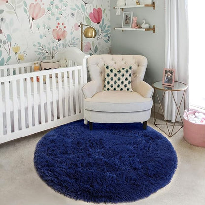 Amdrebio Navy Blue Small Round Rug 3Ft for Boys Room Bedroom, Circle Area Rugs for Kids Room, Living Room Decor Aesthetic, Fluffy Shag Fur Throw Royal Dark Blue Carpet for Dorm Playroom Baby Nursery