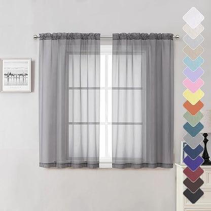 Lecloud Charcoal Grey Sheer Curtains 54 Inch Length 2 Panels, Light Filtering Voile Drapes for Kitchen Bedroom, Farmhouse Rod Pocket Living Room Short Curtains, 40 W x 54 L Inches