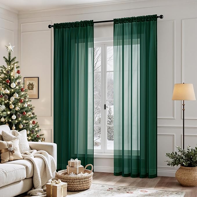 MIULEE 2 Panels Christmas Solid Color Sheer Window Curtains Elegant Window Voile Panels/Drapes/Treatment for Bedroom Living Room (54X54 Inches Hunter Green)