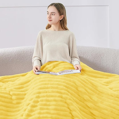 BEDELITE Fleece Throw Blanket for Couch - 300GSM Soft & Warm Fluffy Custard Yellow Blanket, Decorative and Giftable Striped Blankets for Women, Men, 50"x60"
