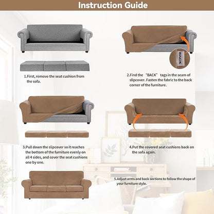 WEERRW 4 Pieces Polyester and Spandex High Stretch Couch Covers for 3 Cushion Couch Sofa Slipcovers, Furniture Protector with Non Slip Elastic Bottom, Feature Soft and Thick Plush Fabric, Camel, Large