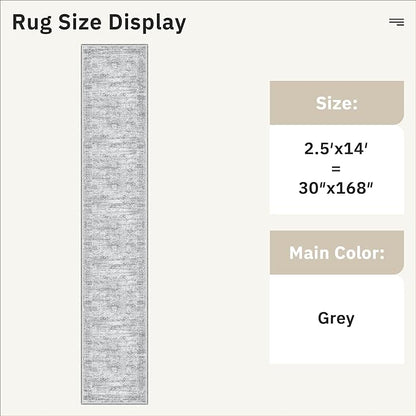 Runner Rug 2'6" x 14' Washable Non-Slip Runner Rugs for Kitchen Bathroom Laundry Room Vintage Ultra Thin Runners for Hallway Entryway Grey