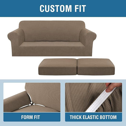 H.VERSAILTEX 3 Piece Stretch Sofa Covers for 2 Cushion Sofa Couch Covers for Living Room Sofa (Base Cover Plus 2 Seat Cushion Covers) Thicker Jacquard Fabric (Large Sofa, Macchiato)