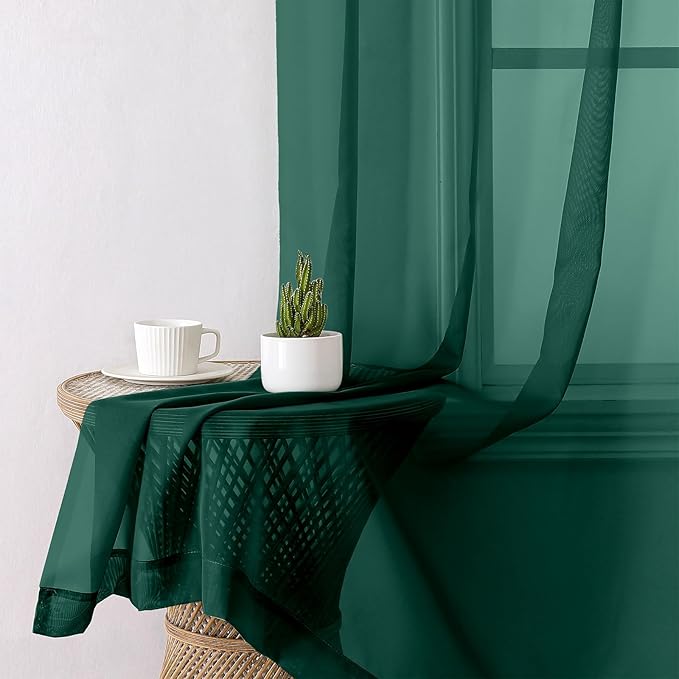 Lecloud Hunter Green Sheer Curtains 54 Inch Length 2 Panels, Voile Light Filtering Curtains with Rod Pocket, Transparent Tulle Drapes for Bedroom Laundry, Each Panel 42 X 54 Inch