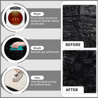 Ciicool Faux Fur Rug Black Fluffy Area Rugs for Bedroom, Thick Fuzzy Shag Rug Furry Bedside Nursery Rug for Living Room Plush Indoor Floor Carpet for Kids Room Teen Dorm, 3x5 ft