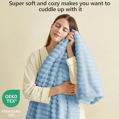 HIMEET Light Blue Ribbed Throw Blanket for Couch - 300GSM Lightweight Soft Fleece Blanket for Women Men, Cozy Blankets for Mothers Gifts, Striped Spring Home Room Decor, Light Blue, 50x60 Inches