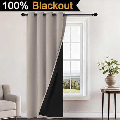 Yakamok 100% Blackout Curtains 84 Inches Long, 2 Thick Layers Heat and Full Light Blocking Soft Thermal Insulated Drapes for Bedroom(52" Wide Each Panel, Natural, 1 Panel)