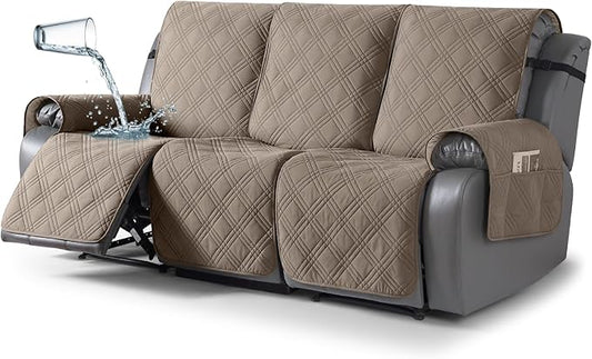 TAOCOCO 100% Waterproof Recliner Sofa Covers, Non Slip Split Couch Covers for Reclining Couches with Elastic Strap, Washable Reclining Sofa Cover Furniture Protector (3 Seater, Gray Taupe)