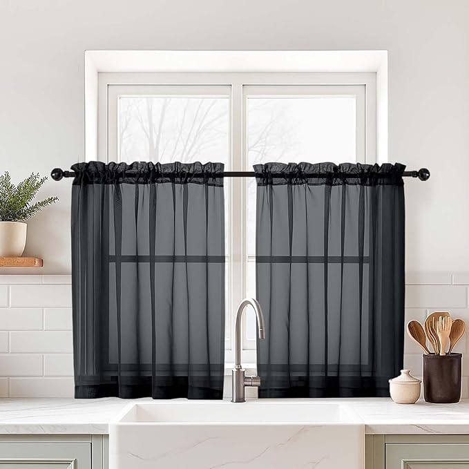 Black Sheer Curtains Tier 30 Inches Length 2 Panels Set, Light Filtering Lightweight Soft Window Treatments Drapes, Cute Elegant Cafe Curtains for Nursery, Dual Rod Pocket, 2x42Wx30L Inches