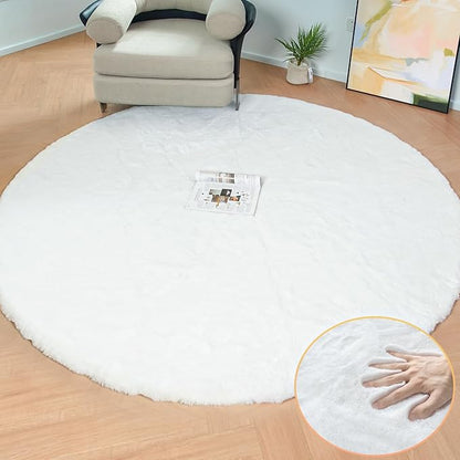 ORINOVA White Fluffy Round Rug 5ft for Bedroom Circle Faux Rabbit Washable Fur Area Rugs for Living Room Nursery Rug
