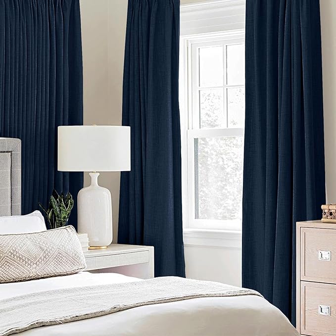 MIULEE Linen Textured Curtains Solid 100% Blackout for Bedroom Thermal Insulated Midnight Blue Grommet Room Darkening Curtains & Drapes Luxury Decor for Living Room Nursery 52 x 72 Inch (2 Panels)