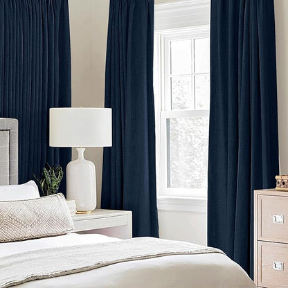 MIULEE Linen Textured Curtains Solid 100% Blackout for Bedroom Thermal Insulated Midnight Blue Grommet Room Darkening Curtains & Drapes Luxury Decor for Living Room Nursery 52 x 72 Inch (2 Panels)