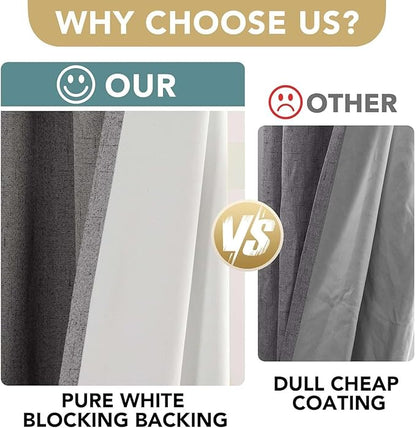 H.VERSAILTEX Linen Curtains 100% Blackout Curtains for Bedroom 90 inch Long Full Light Blocking Nature Linen Blended Window Curtains for Living Room Nickel Grommet (2 Panels, Grey)