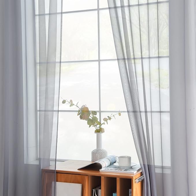 youleyar Solid Sheer Rod Pocket Curtain Voile Draperies 2 Panels White Beige Black Grey Coffee 52 Inch Width 72 Inch Long 1 Pair for Kitchen Bedroom Children Living Room Yard(Grey,52Wｘ72L)