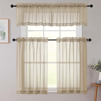 Taupe Kitchen Curtains 30 Inch Length Tier 2 PCS, Solid Soft Airy Half Curtains for Windows, Taupe Sheer Rod Pocket Drapes for Bathroom Basement Small Window, 42" Wx30 L Inches