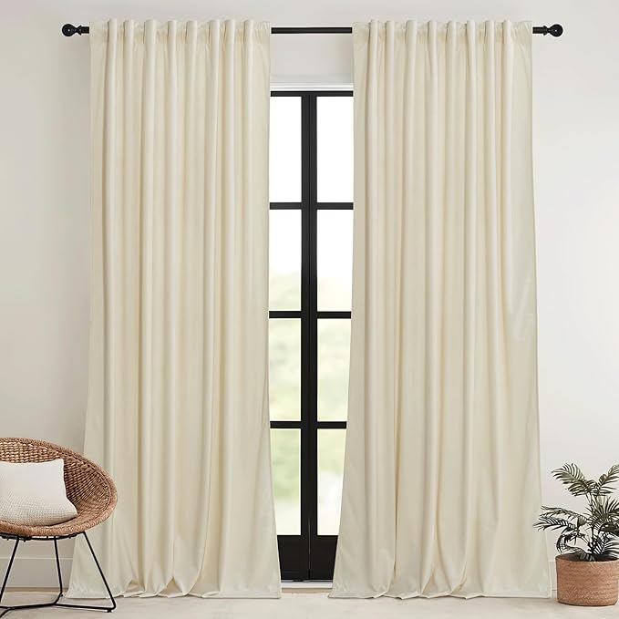 RYB HOME Beige Velvet Curtains 96 inches - Rod Pocket & Back Tab Boho Window Panels Privacy Theraml Insulted Drapes for Bedroom Bathroom, W52 x L96, 2 Panels Set