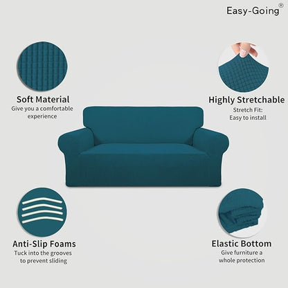 Easy-Going Stretch Oversized Loveseat Slipcover 1-Piece Sofa Cover Furniture Protector Couch Soft with Elastic Bottom for Kids Polyester Spandex Jacquard Fabric Small Checks Peacock Blue