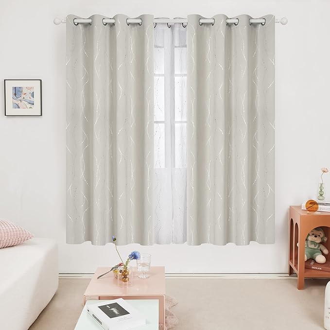Deconovo Beige Curtains for Living Room, Light Darkening Soundproof Drapes with Wave Dots Silver Print, 52 x 72 Inch Long, Farmhouse Boho Curtain, Set of 2 Window Panels for Bedroom Office Nursery