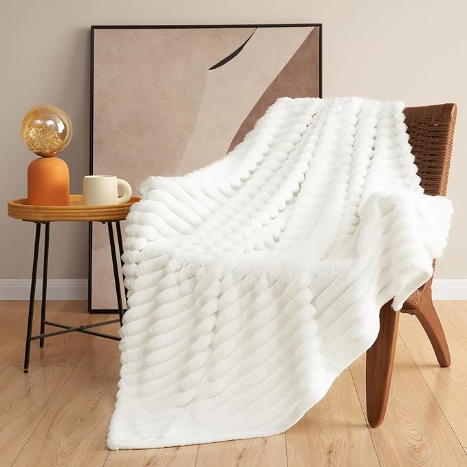 HIMEET Off White Ribbed Queen Size Blanket for Bed - 300GSM Lightweight Fleece Blanket for Men Women, Large Sofa Couch Cover Bed Blankets Gifts, Striped Spring Home Room Decor, Off White, 90x90 Inches