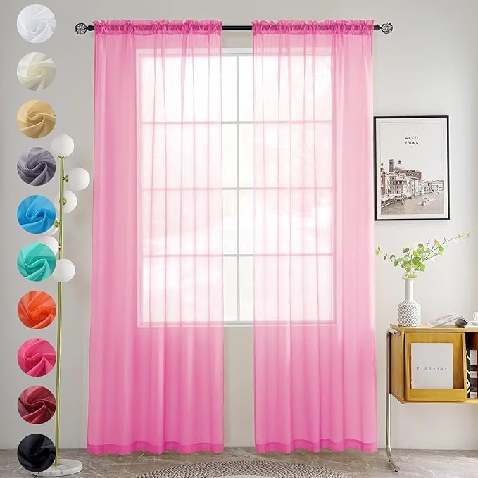 youleyar Solid Sheer Rod Pocket Curtain Voile Draperies 2 Panels White Beige Black Grey Coffee 52 Inch Width 90 Inch Long 1 Pair for Kitchen Bedroom Children Living Room Yard (New Pink,52Wｘ90L)