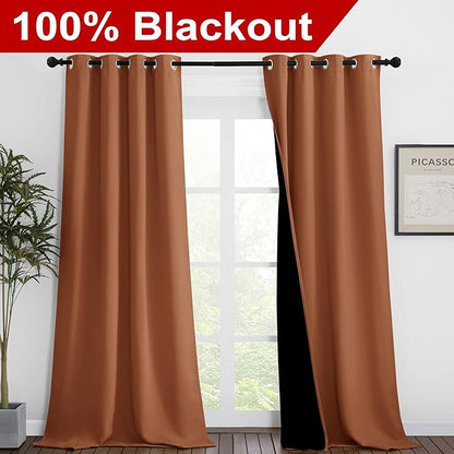 NICETOWN Burnt Orange Blackout Curtains 90 inches Long, Full Light Blocking Drapes with Black Liner for Nursery, Thermal Insulated Draperies for Hall, Villa (2 Pieces, 46" Wide Each Panel)
