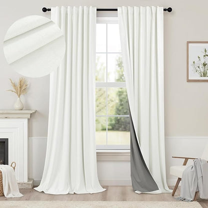Ivory 100% Blackout Curtains 96 Inches Long 2 Panels Farmhouse Style Bedroom Windows Viral Basic Curtains for Living Room Black Out Neutral Drapes Linen Textured 52x96 Length Back Tab Pocket Off White