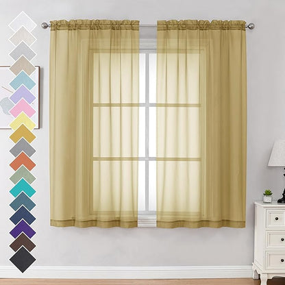 OVZME Gold Sheer Curtains 63 Inches Long 2 Panels - Soft Light Filtering Window Sheer Panels for Living Room/Bedroom, Top Dual Rod Pocket, 1 Pair, Each 42Wx63L Inches