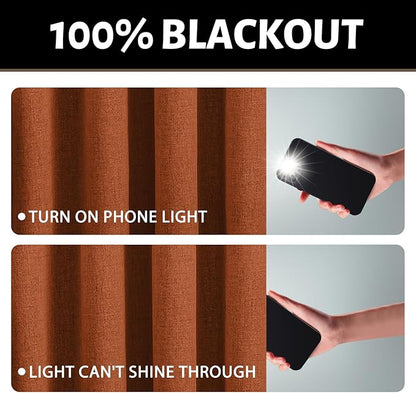 Yakamok Burnt Orange Linen Curtains 100% Blackout 90 Inches Long,Room Darkening Textured Curtains for Living Room Thermal Grommet Bedroom Curtains 2 Panels with White Liner