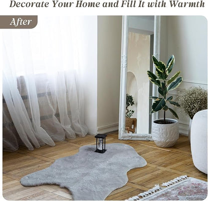 ThreadGlobe Fluffy Faux Rabbit Fur Rug 2'x3', Ultra Soft & Non-Slip Small Rugs for Bedroom, Living Room, Nursery, No Shedding Machine Washable Rug, Grey, 2x3 Ft