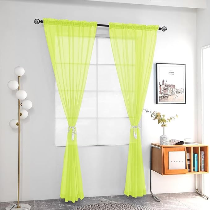 youleyar Solid Sheer Rod Pocket Curtain Voile Draperies 2 Panels White Beige Black Grey Ivory 52 Inch Width 96 Inch Long 1 Pair for Kitchen Bedroom Children Living Room Yard (Chartreuse,52Wｘ96L)