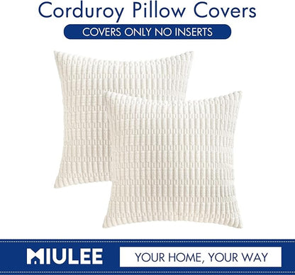 MIULEE Pack of 2 Corduroy Decorative Euro Sham Throw Pillow Covers 24x24 Inch Soft Boho Striped Pillow Covers Modern Farmhouse Home Decor for Sofa Living Room Couch Bed Pure White