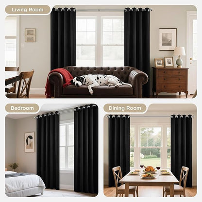 Joydeco Blackout Curtains 90 Inches Long 1 Panel, Thermal Insulated Long Curtains& Drapes 1 Piece, Room Darkening Grommet Drapes for Living Room Bedroom Window (W70 x L90 Inch, Black)