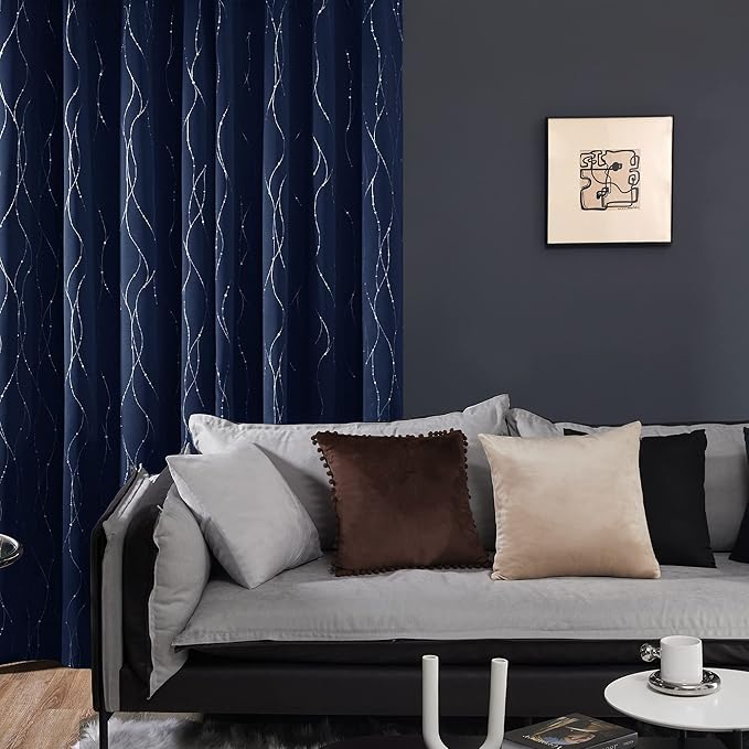 Deconovo Blackout Curtains 54 Inch Length for Kitchen, Navy Blue Curtain, Thermal Insulated Soundproof Privacy Curtain with Silver Wave Dot Print, Machine Washable Panel for Small Windows Nursery Home