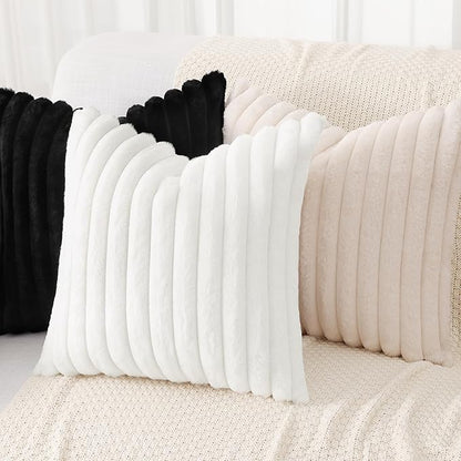 decorUhome Summer Cozy Faux Fur Throw Pillow Covers 16x16 Set of 2 Decorative Soft Plush Striped Modern Farmhouse Boho Couch Pillow Cases with Velvet Back for Sofa Bed Living Room, White