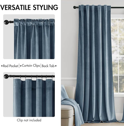 MIULEE Velvet Curtains 96 inches - Luxury Blackout Curtains for Bedroom Living Room Thermal Insulated Super Soft Window Drapes Rod Pocket & Back Tab, Stone Blue, W52 x L96 inches, 2 Panels