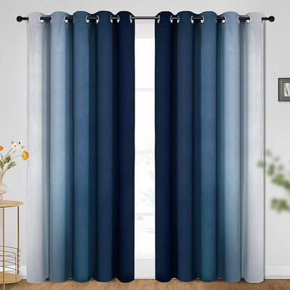 SimpleHome Ombre Room Darkening Curtains for Bedroom, Gradient Dark Blue to Grey White Light Blocking Thermal Insulated Grommet Window Curtain/Drapes for Living Room,2 Panels, 70x84 inches Length