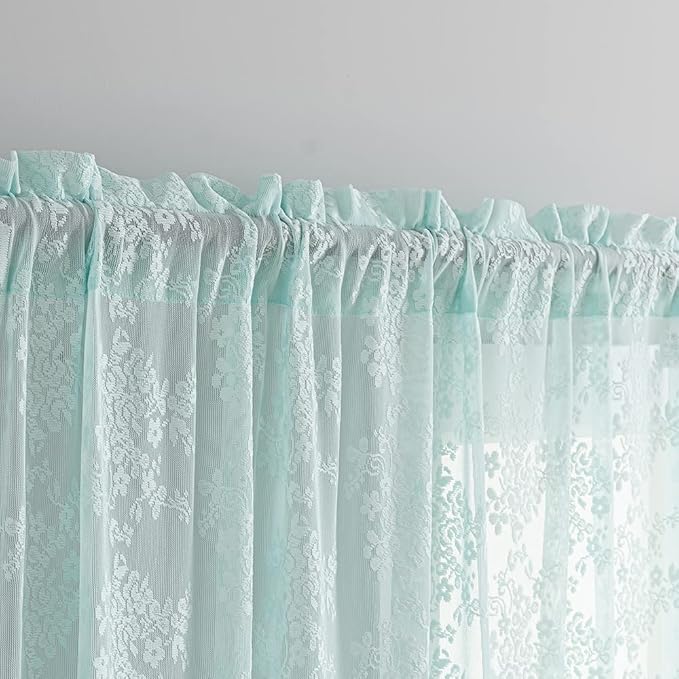 YJ YANJUN Vintage Lace Curtains 96 Inches Long-Victorian Floral Pattern Aqua Sheer Curtain Panels for Living Room Bedroom,Light Filtering, Shabby Chic Memaid Beach Drapes 2 Panels 52W x 96L