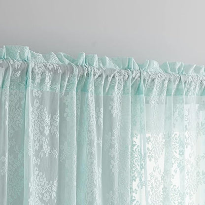 YJ YANJUN Vintage Lace Curtains 96 Inches Long-Victorian Floral Pattern Aqua Sheer Curtain Panels for Living Room Bedroom,Light Filtering, Shabby Chic Memaid Beach Drapes 2 Panels 52W x 96L