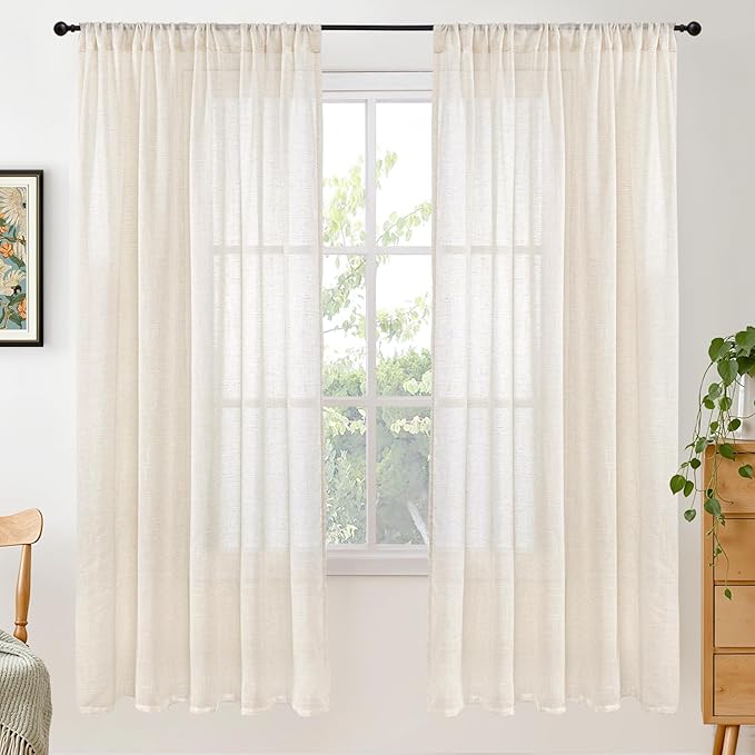 BGment 72 Inch Length Beige Linen Curtains for Living Room - Natural Semi Sheer Drapes with Rod Pocket Textured Rustic for Bedroom Country Light Filtering, 2 Panels, Each Panel 52 Inch Wide