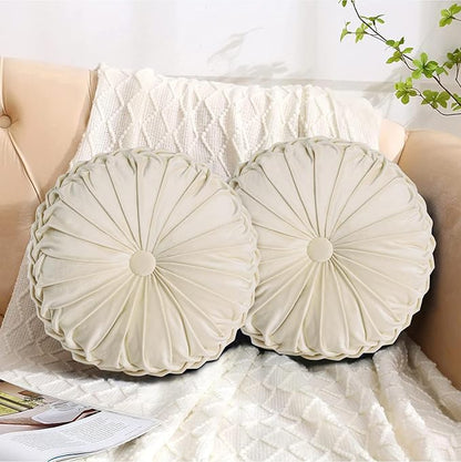 HIG Set of 2 Decorative Round Pleated Throw Pillows,Classy Accent Pumpkin Throw Pillows with Center Button,Vintage Velvet Floor Pillows for Sofa Vanity Chair Bed, Beige,14.5" Diameter(Ripple)
