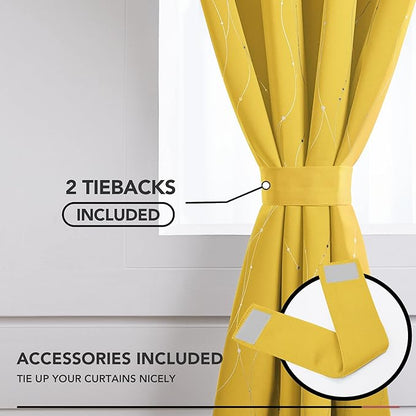 Deconovo Yellow Curtains, Modern Blackout Drapes, Thermal Insulated Soundoroof Pravicy Curtain with Wave Dots Foil, 52 x 84 Inch, Machine Washable Window Panels for Living Room Bedroom Nursery Office