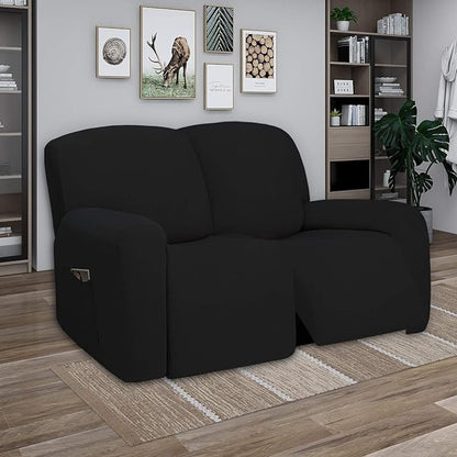 PureFit Super Stretch Loveseat Recliner Sofa Couch Cover with Pocket – 2 Seats Non Slip Soft Sofa Slipcover, Washable Reclining Furniture Protector for Kids, Pets (Recliner Loveseat, Black)