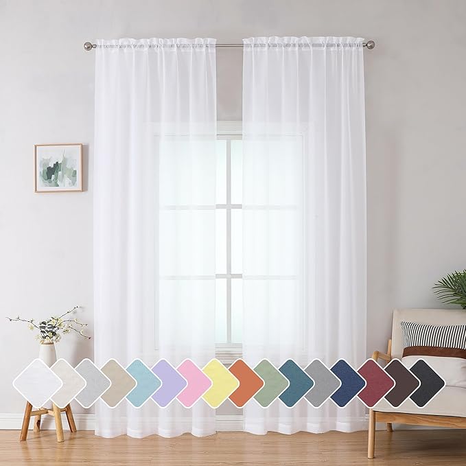 Simplebrand White Sheer Curtains, 84" Length, 2 Panels Set - Light Filtering, Rod Pocket Window Curtains for Bedroom (White, 42" W x 84" L)