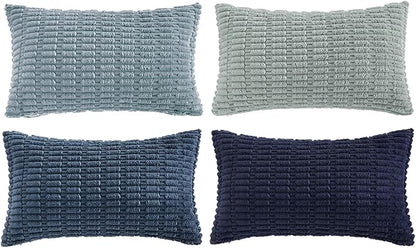 Fancy Homi Set of 4 Blue Lumbar Rectangle Decorative Throw Pillow Covers 14x24 Inch for Couch Bed Chair, Farmhouse Boho Room Decor, Soft Fuzzy Thick Corduroy Textured Coastal Blue Cushion Case 35x60cm