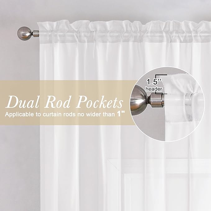 Lecloud White Sheer Curtains 72 Inches Long 2 Panels, Light Filtering Voile Drapes for Window/Door, Breathable Rod Pocket Window Treatments for Bedroom Living Room, Each 40" W x 72" L