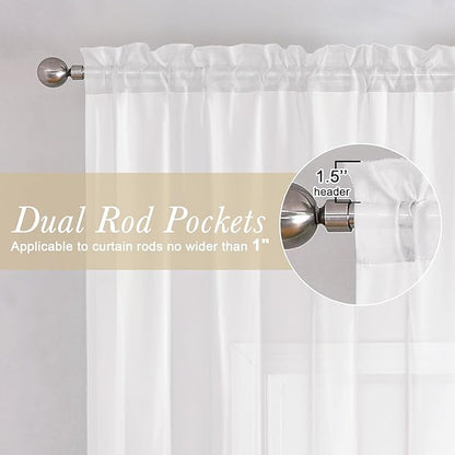 Lecloud White Sheer Curtains 72 Inches Long 2 Panels, Light Filtering Voile Drapes for Window/Door, Breathable Rod Pocket Window Treatments for Bedroom Living Room, Each 40" W x 72" L