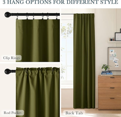 PONY DANCE Blackout Kitchen Curtains - Window Drapes Rod Pocket & Back Tab Energy Efficient Curtain Panels Xmas Home Decor for Kids' Room, 42-inch Wide by 45 Long, Olive Green, 2 PCs