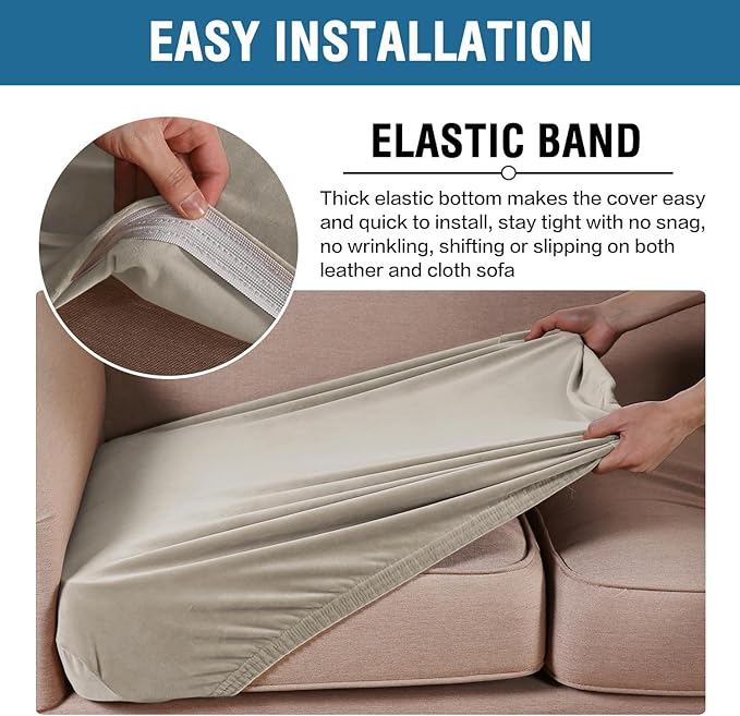 H.VERSAILTEX Velvet Stretch Couch Cushion Cover Plush Cushion Slipcover for Chair Loveseat Sofa Cushion Furniture Protector Seat Cushion Sofa Cover (2 Piece Large Sofa Cushion Covers, Oatmeal)